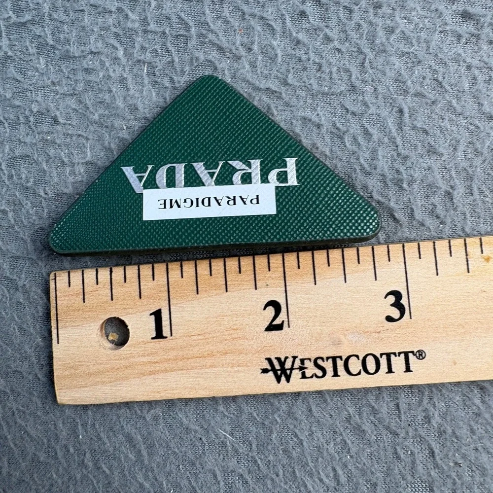 Prada Paradigme Triangle Logo Brooch Pin Green Saffiano Leather VIP Novelty
